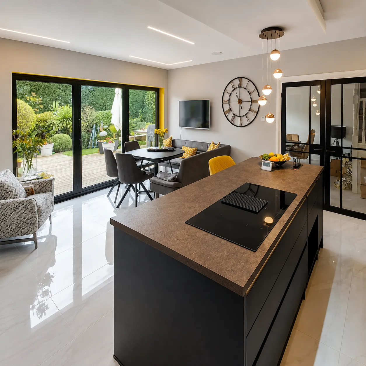 Open-plan KuhinjaHaus kitchen with a dark island, bar seating and bi-fold doors