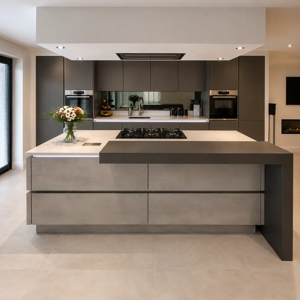A modern grey German kitchen with island and integrated appliances by KuhinjaHaus
