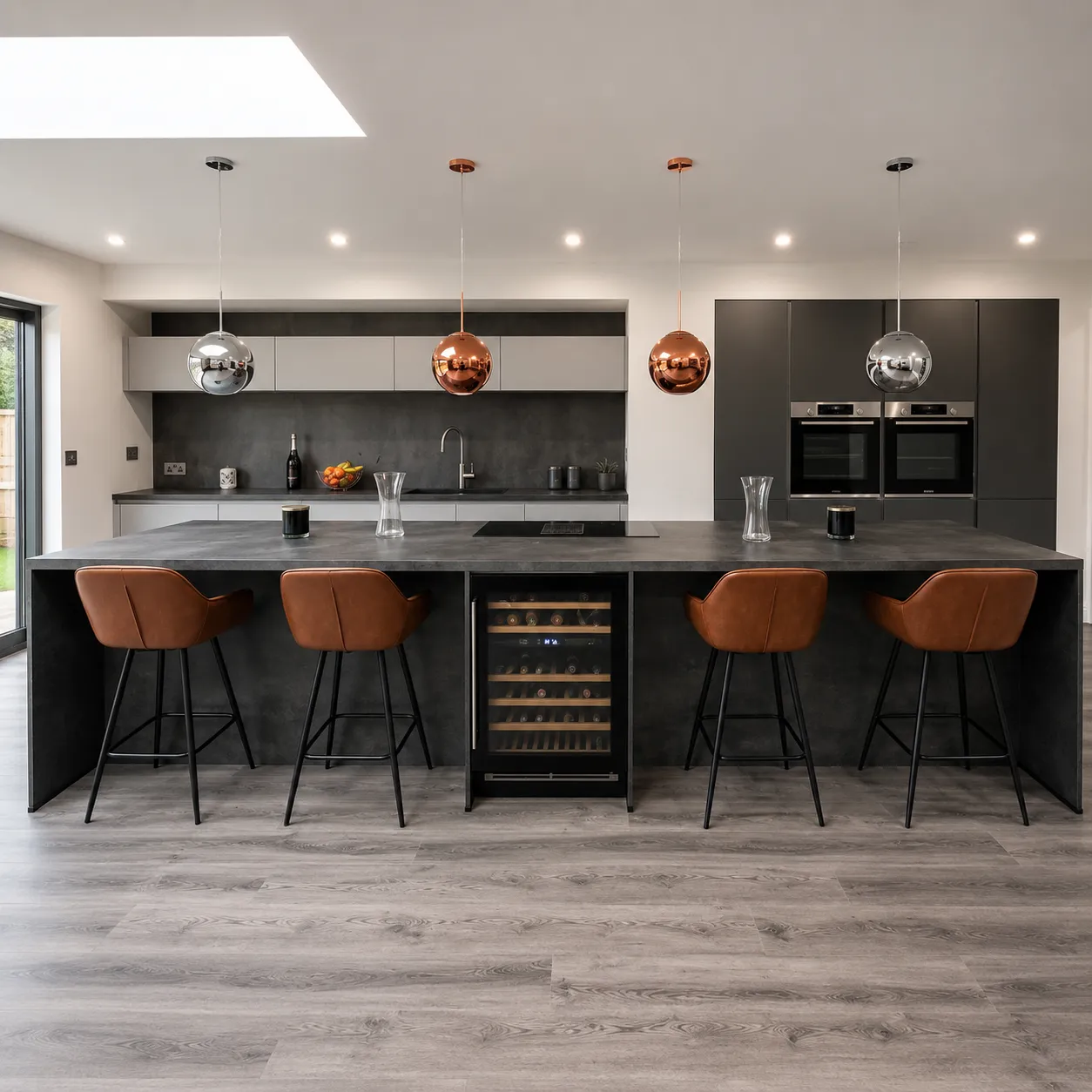 Dark, contemporary Nobilia kitchen with a concrete-style island, bar seating and a wine cooler